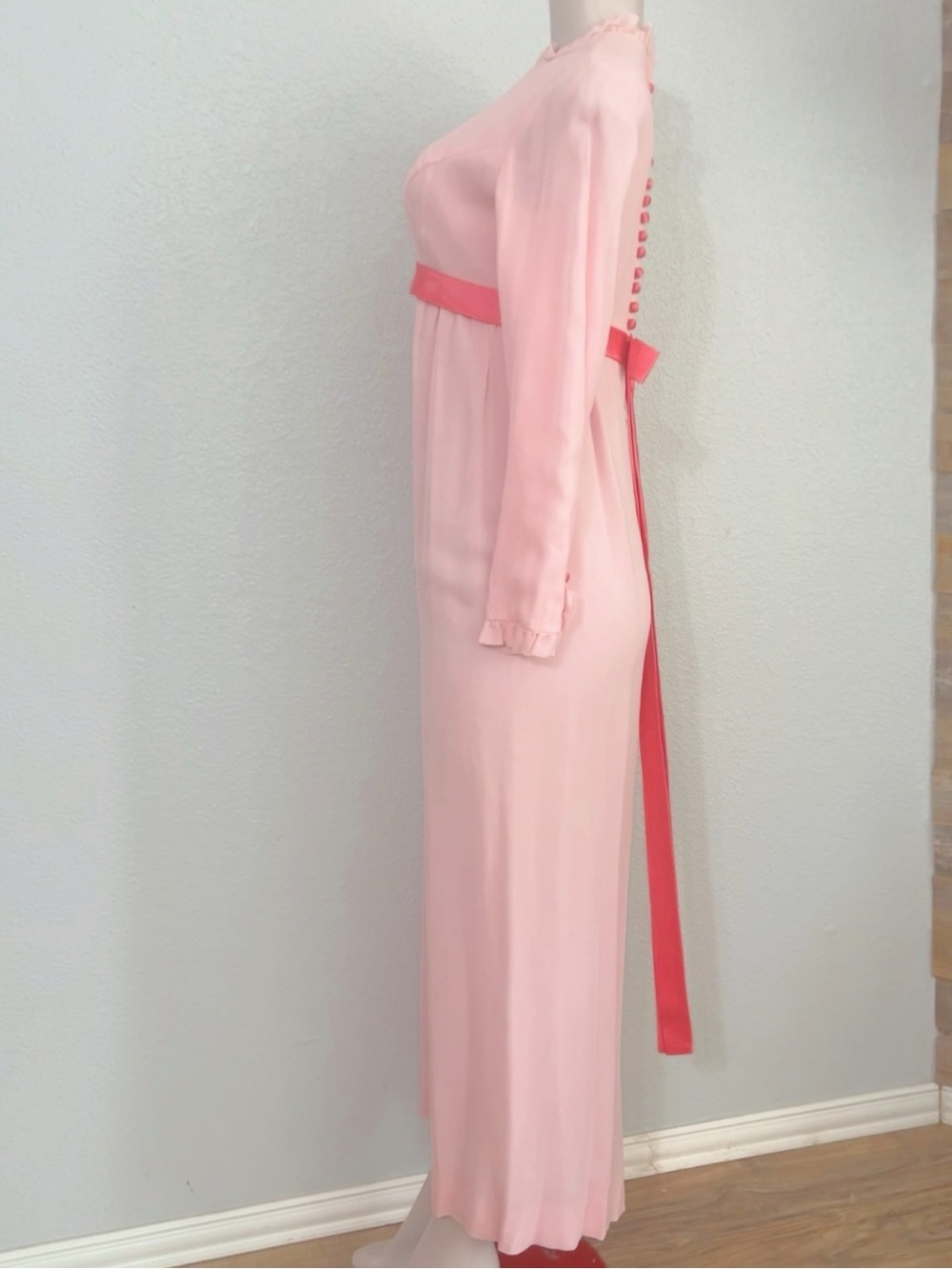 Vintage 1960s Pink Silk Chiffon Empire Waist Maxi Dress Shantung Lining SZ S - Picture 5 of 11